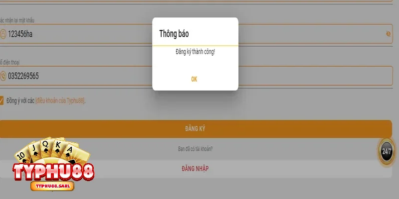 Biểu mẫu đăng ký Typhu88 đơn giản với game thủ