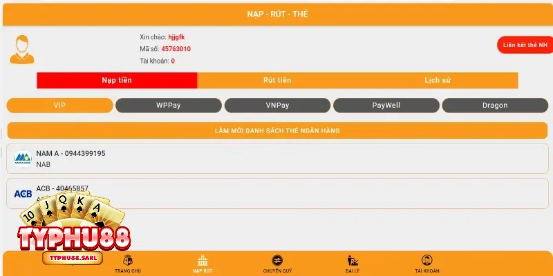 Nạp rút tiền TyPhu88 ví điện tử