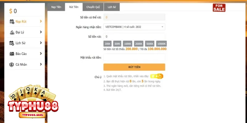 Rút tiền TyPhu88 sau khi tài khoản đủ điều kiện